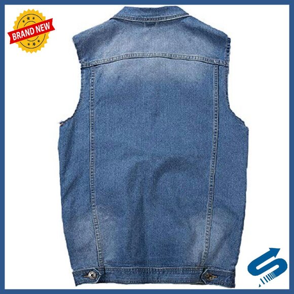 Men's Denim Vest Sleeveless Jacket Vintage Style Button Up Casual - Picture 4 of 6
